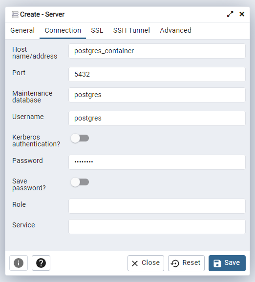 pgAdmin Create Server Connection Tab