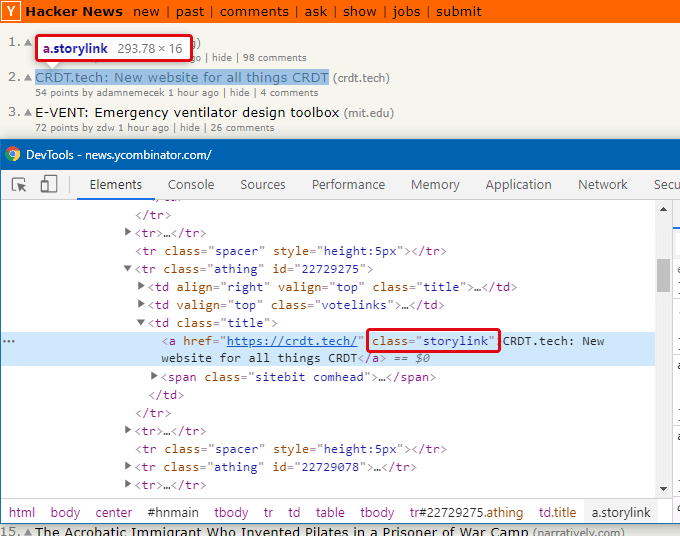 Inspecting Hacker News website